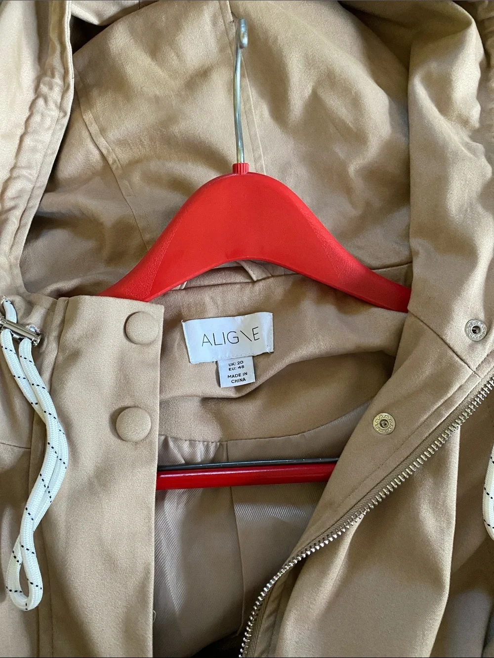 Aligne 98% Organic Cotton Long Hooded Double Zip Trench Coat NWOT